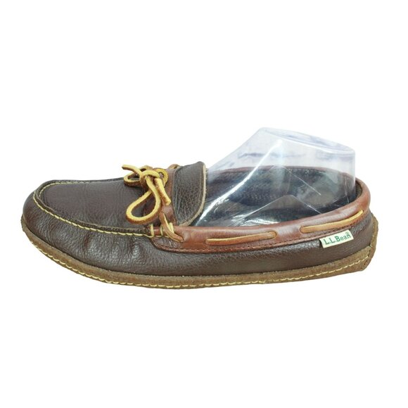 LL Bean Men's Brown Handsewn Leather Slippers Moccasin Flannel-Lined Men's 9 M - Picture 1 of 9